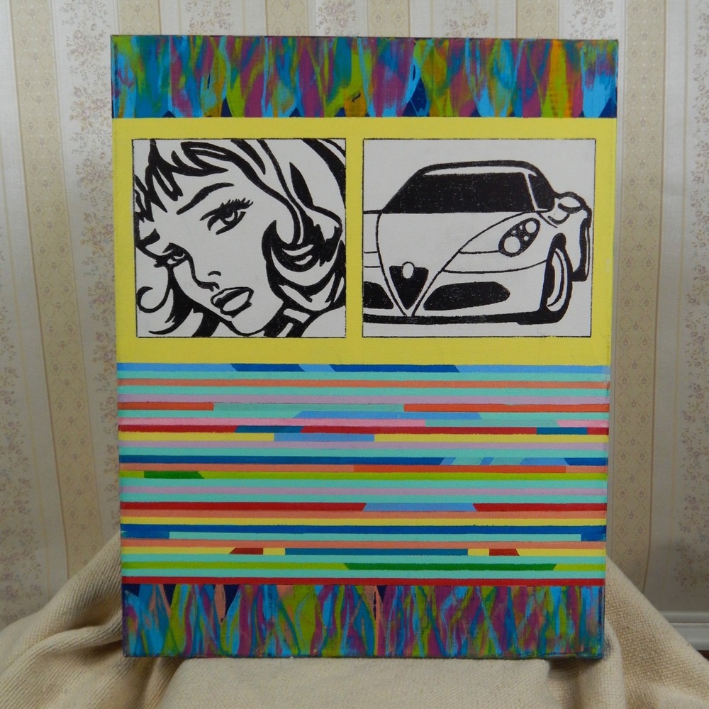 Original Pop Art Painting Woman Sports Car 20x16 Signed Y2K Retro
